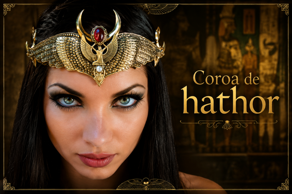 Coroa de Hathor artesanal em **cobre**, adornada com **pedra semipreciosa**, ideal para cerimônias, rituais e apresentações inspiradas no antigo Egito. Possui **tamanho regulável**, proporcionando melhor ajuste e conforto durante o uso.