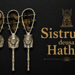 Sistrum da deusa Hathor em metal prateado, instrumento ritual do Antigo Egito com rosto de Hathor, arco superior e discos metálicos móveis, símbolo de música, alegria, proteção, fertilidade e renovação espiritual.