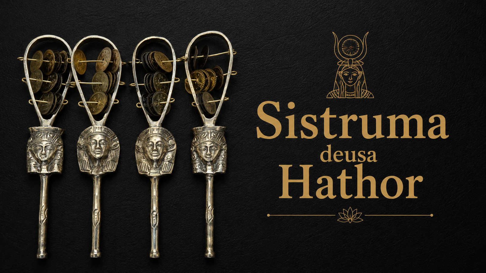 Sistrum da deusa Hathor em metal prateado, instrumento ritual do Antigo Egito com rosto de Hathor, arco superior e discos metálicos móveis, símbolo de música, alegria, proteção, fertilidade e renovação espiritual.