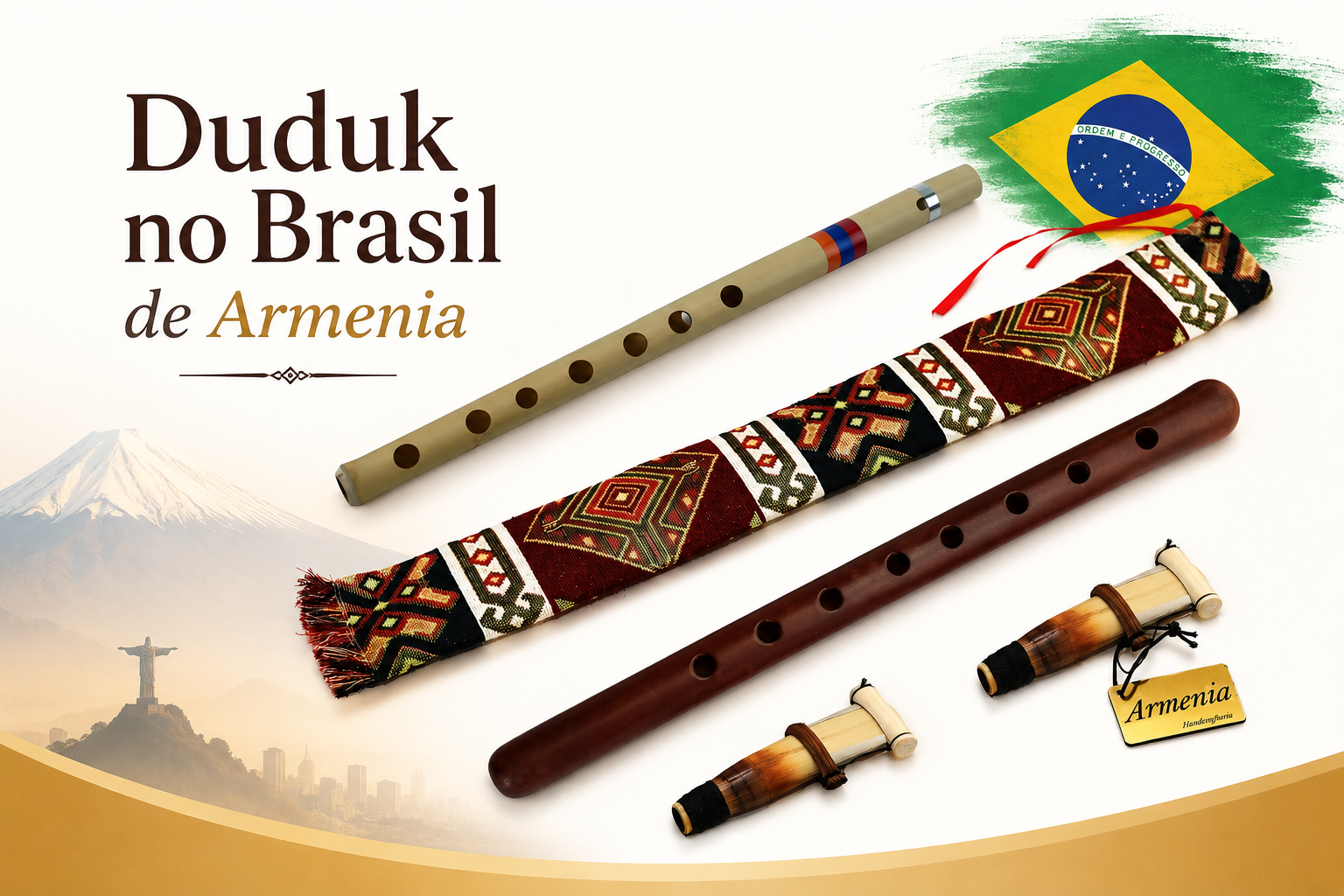 Duduk original da Armênia à venda no Brasil com pronta entrega. Instrumento de sopro tradicional armênio em madeira de damasco, com som único, palhetas e estojo artesanal. Ideal para músicos profissionais, iniciantes, colecionadores e amantes da música tradicional da Armênia.