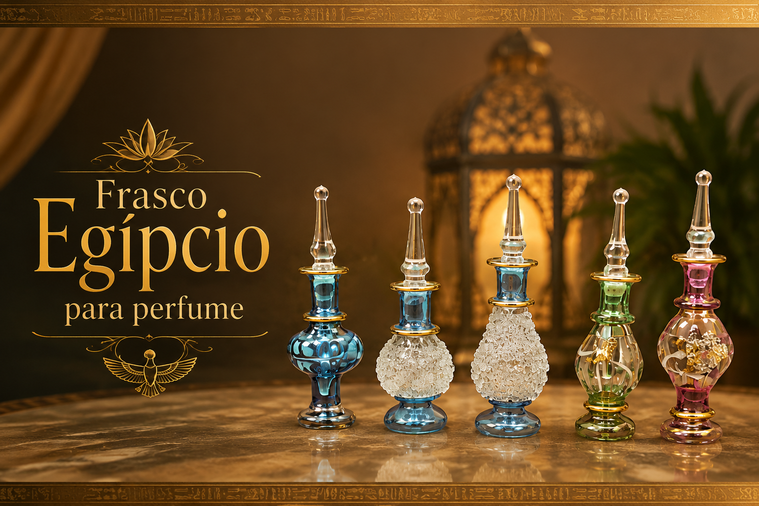 Kit com cinco frascos egípcios para perfume árabe em óleo, feitos em vidro térmico artesanal, modelos variados com capacidade de 4 a 6 ml, acabamento elegante e detalhes dourados.