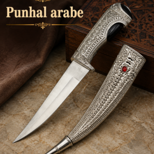 Punhal árabe decorativo em aço inoxidável com bainha ornamentada e detalhes tradicionais do Oriente Médio