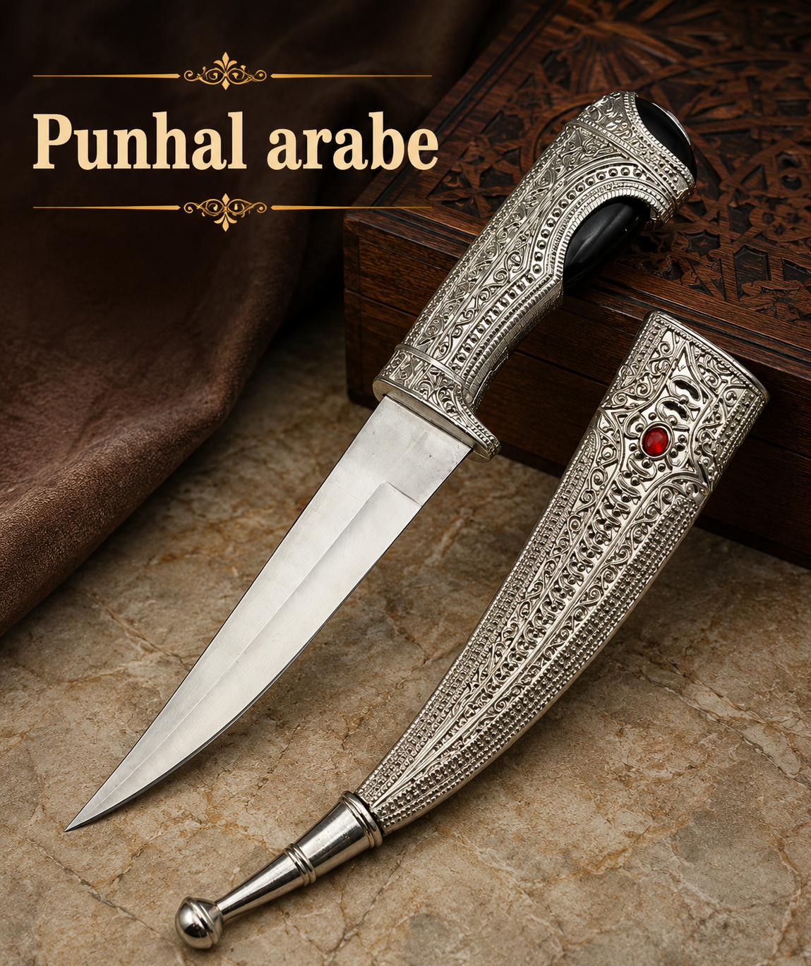Punhal árabe decorativo em aço inoxidável com bainha ornamentada e detalhes tradicionais do Oriente Médio