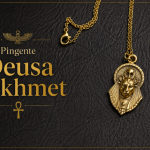 Pingente egípcio Sekhmet com corrente, 3 cm, inspirado na poderosa deusa da mitologia do Antigo Egito. Símbolo de força, proteção e poder.