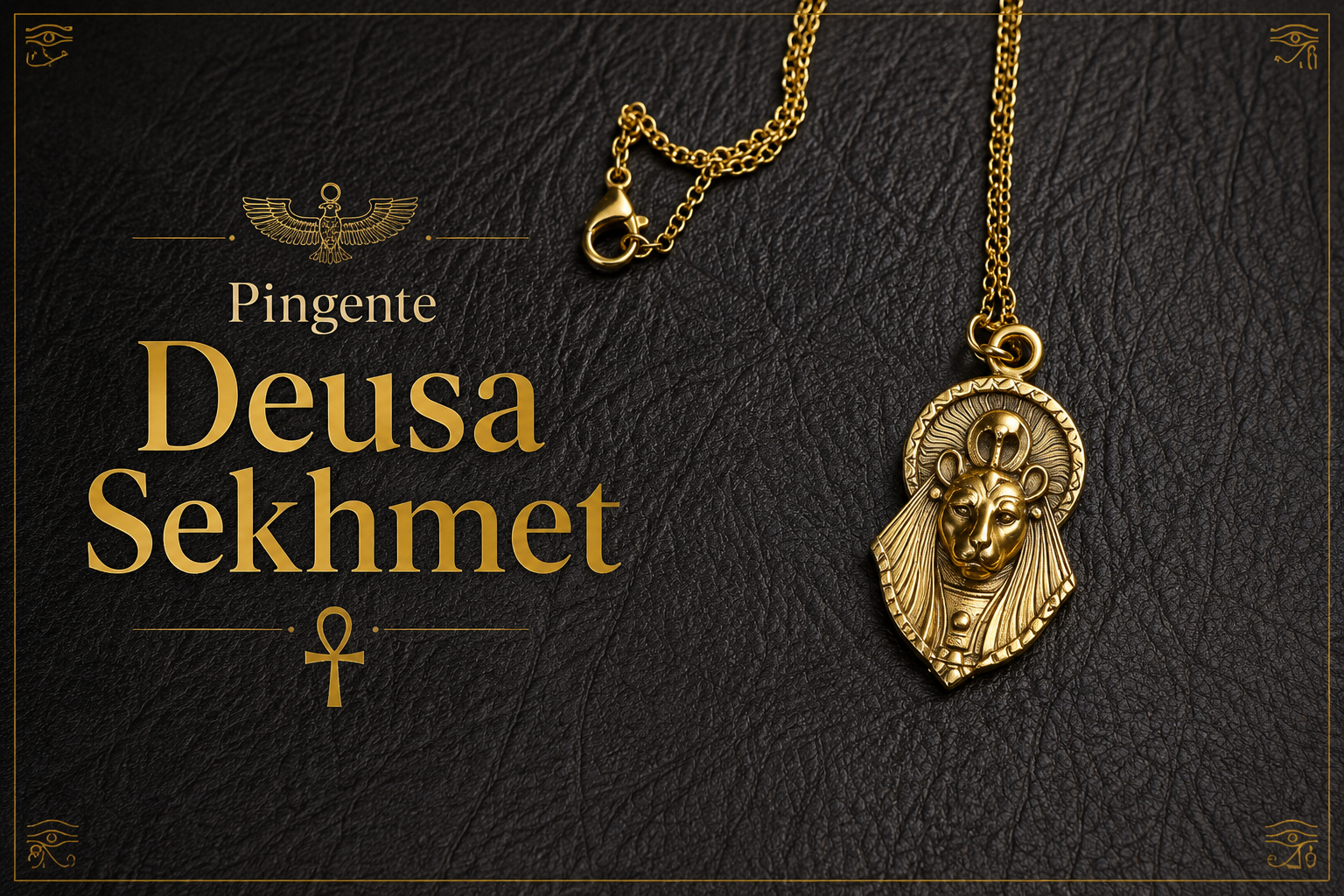 Pingente egípcio Sekhmet com corrente, 3 cm, inspirado na poderosa deusa da mitologia do Antigo Egito. Símbolo de força, proteção e poder.