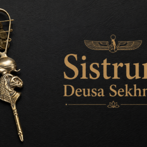 Sistrum da deusa Sekhmet em metal prateado, instrumento ritual do Antigo Egito com cabeça de leoa, discos metálicos móveis e acabamento artesanal. Símbolo de força, proteção, medicina, cura, energia, coragem, fúria e poder divino.