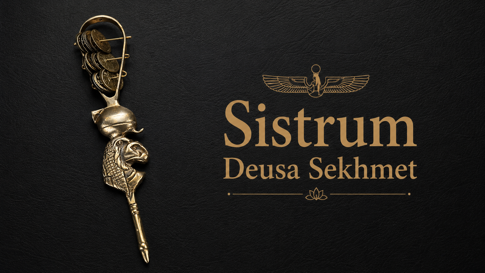 Sistrum da deusa Sekhmet em metal prateado, instrumento ritual do Antigo Egito com cabeça de leoa, discos metálicos móveis e acabamento artesanal. Símbolo de força, proteção, medicina, cura, energia, coragem, fúria e poder divino.