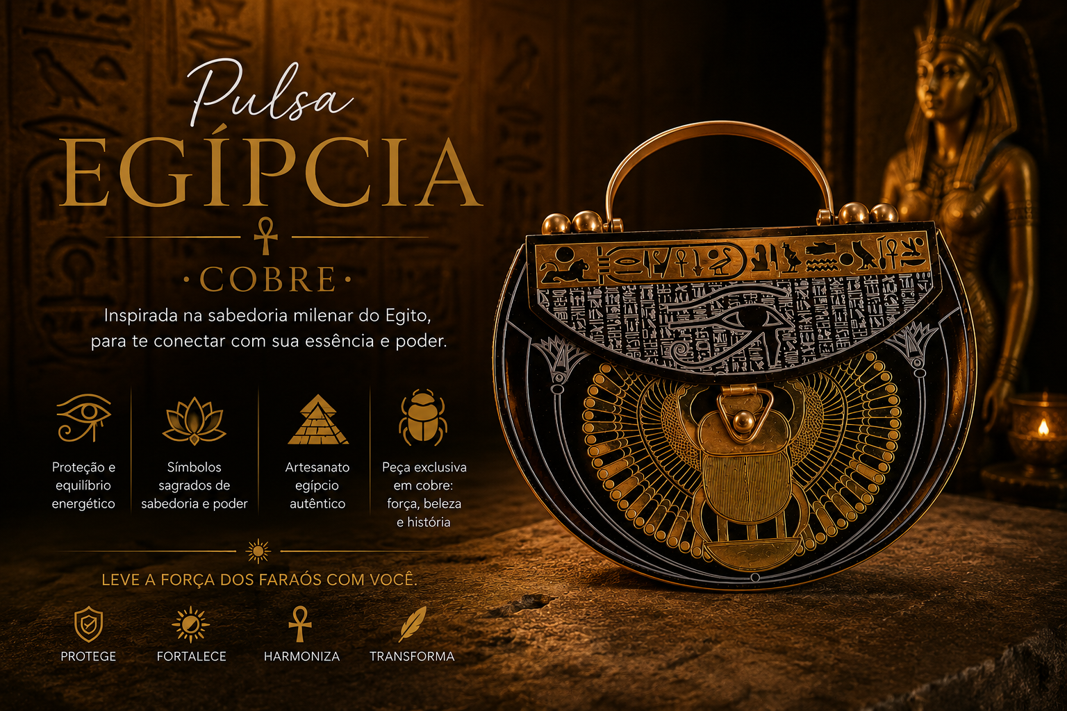 Pulsa Egípcia em cobre inteiro, feita artesanalmente sob encomenda no Egito, com temática do Egito Antigo e detalhes de Khepri, Lótus e Olho de Hórus. Uma peça chique e exclusiva, produzida especialmente para você.